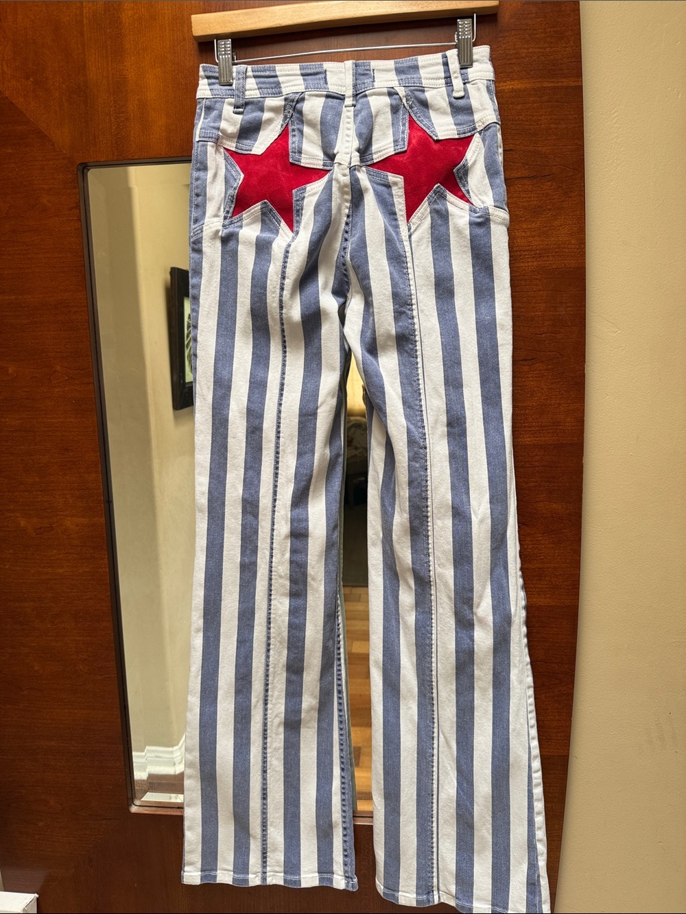 Free People Blue & White Striped Flare Jeans with Red Star Back Patches - Picture 6 of 8